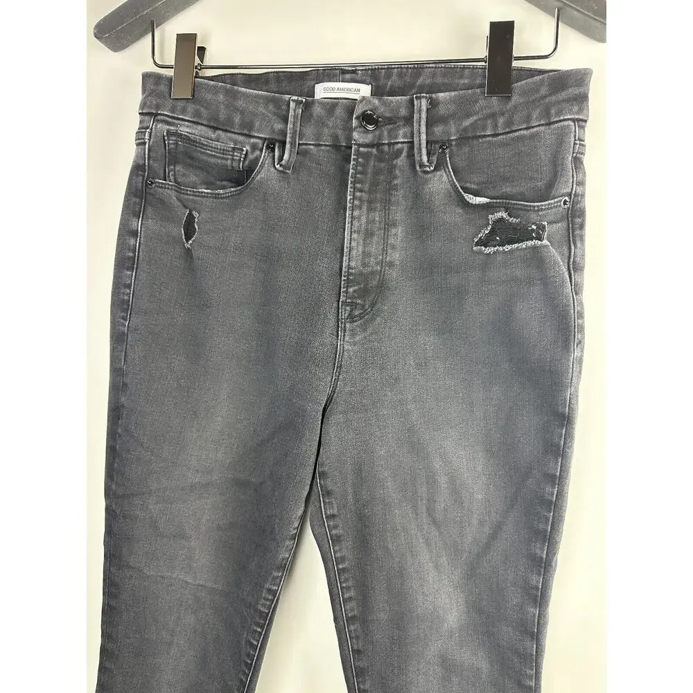 Good American Good Waist Ripped High Waist Crop Jeans Distressed Black Size 14 - Picture 3 of 12